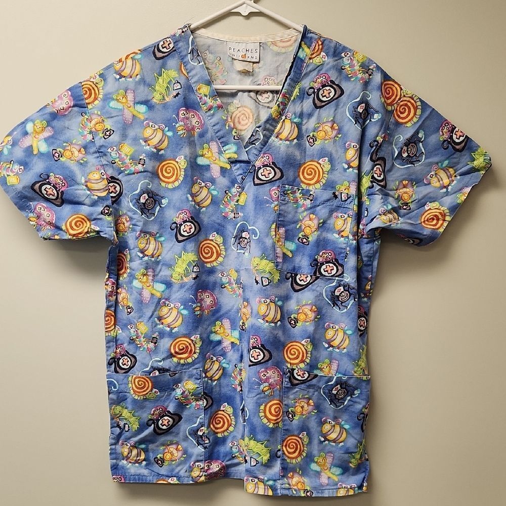 Peaches Uniform Adorable Bug Print Scrub Top